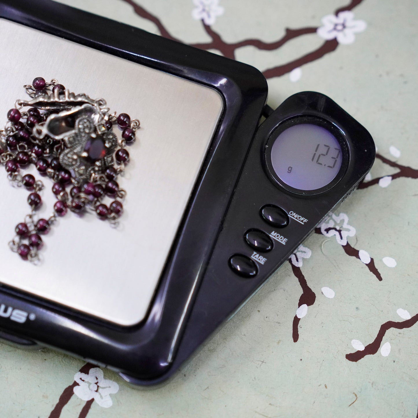 16”, sterling 925 silver necklace, garnet beads with marcasite and ruby pendant