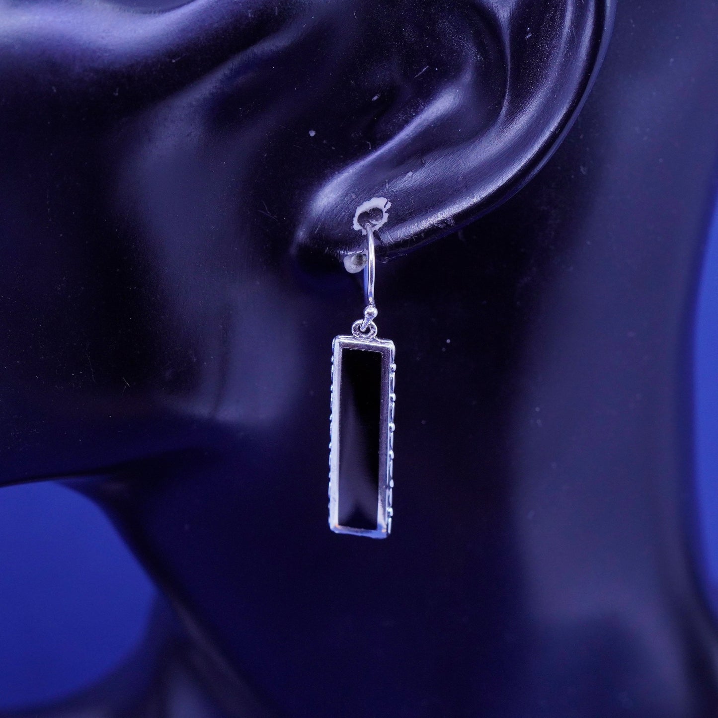 Vintage sterling 925 silver handmade earrings with long obsidian