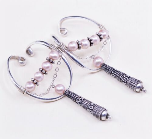 Clip On handmade Sterling 925 Silver earrings W/ Pink Pearl N Teardrop Dnagles