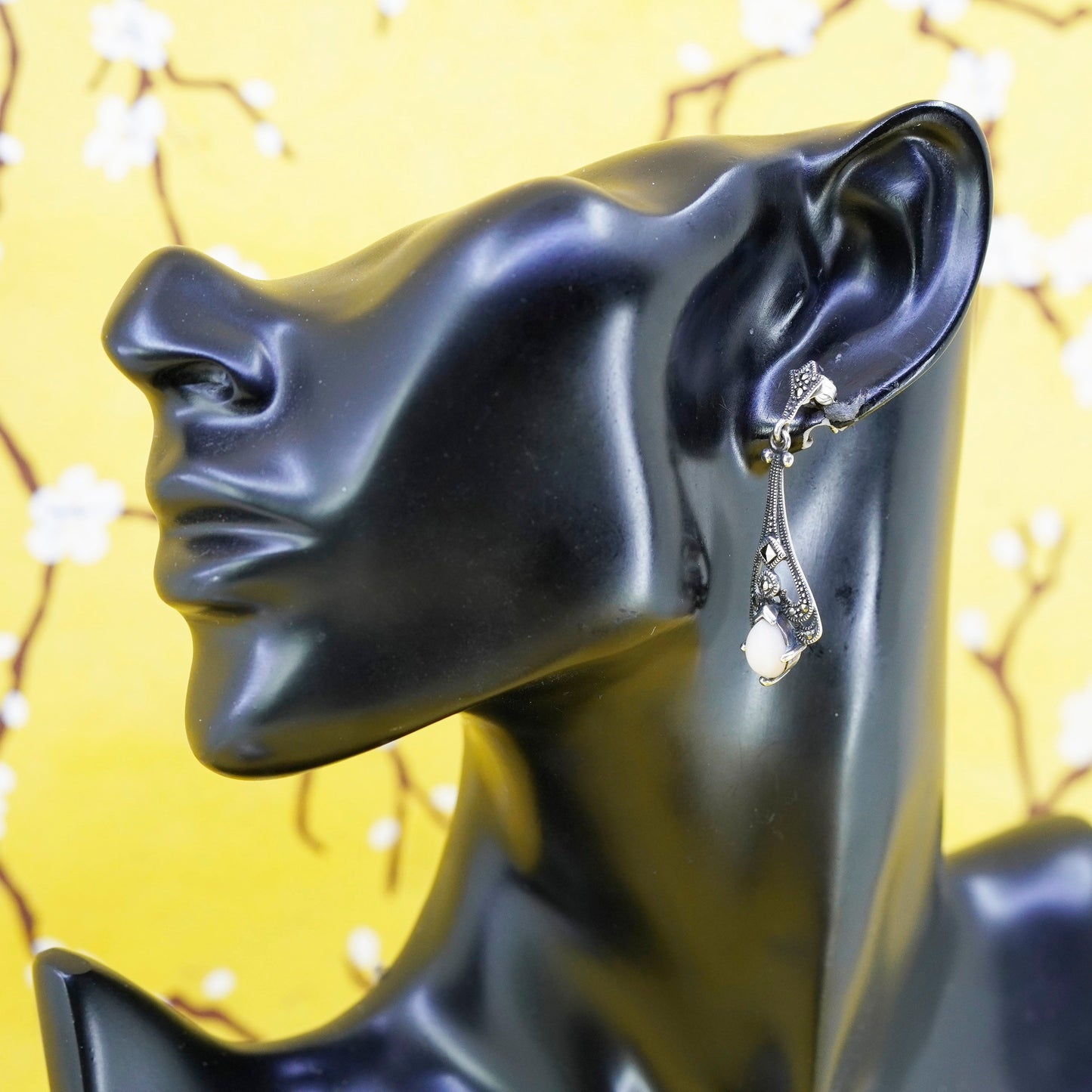 Sterling 925 silver handmade teardrop earrings with moonstone and marcasite