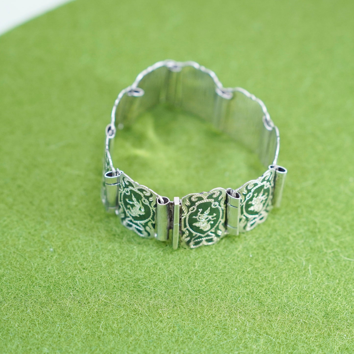 6”, Vintage Indian Siam 925 sterling silver wide bracelet engraved goddess