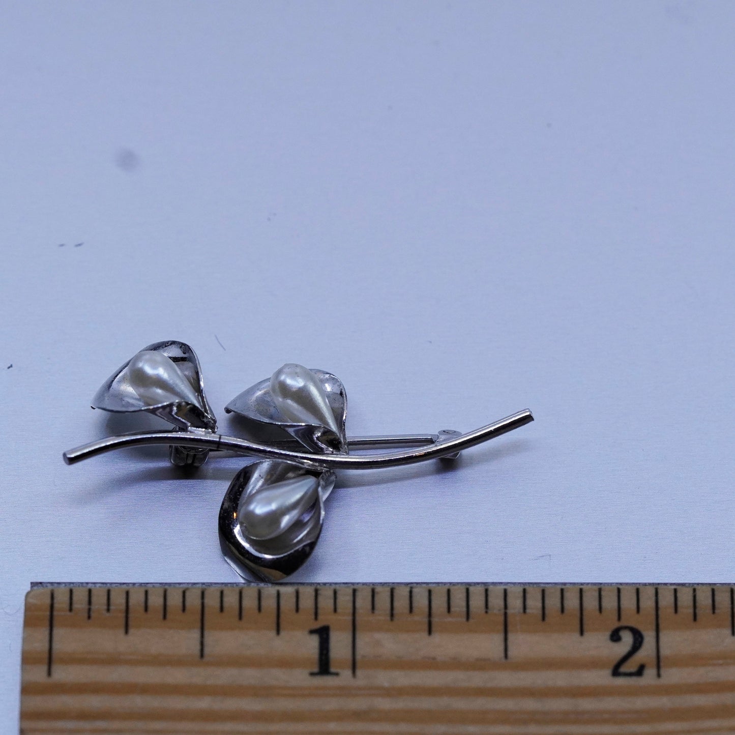 Vintage sterling silver handmade brooch, 925 lily flower pin with pearl