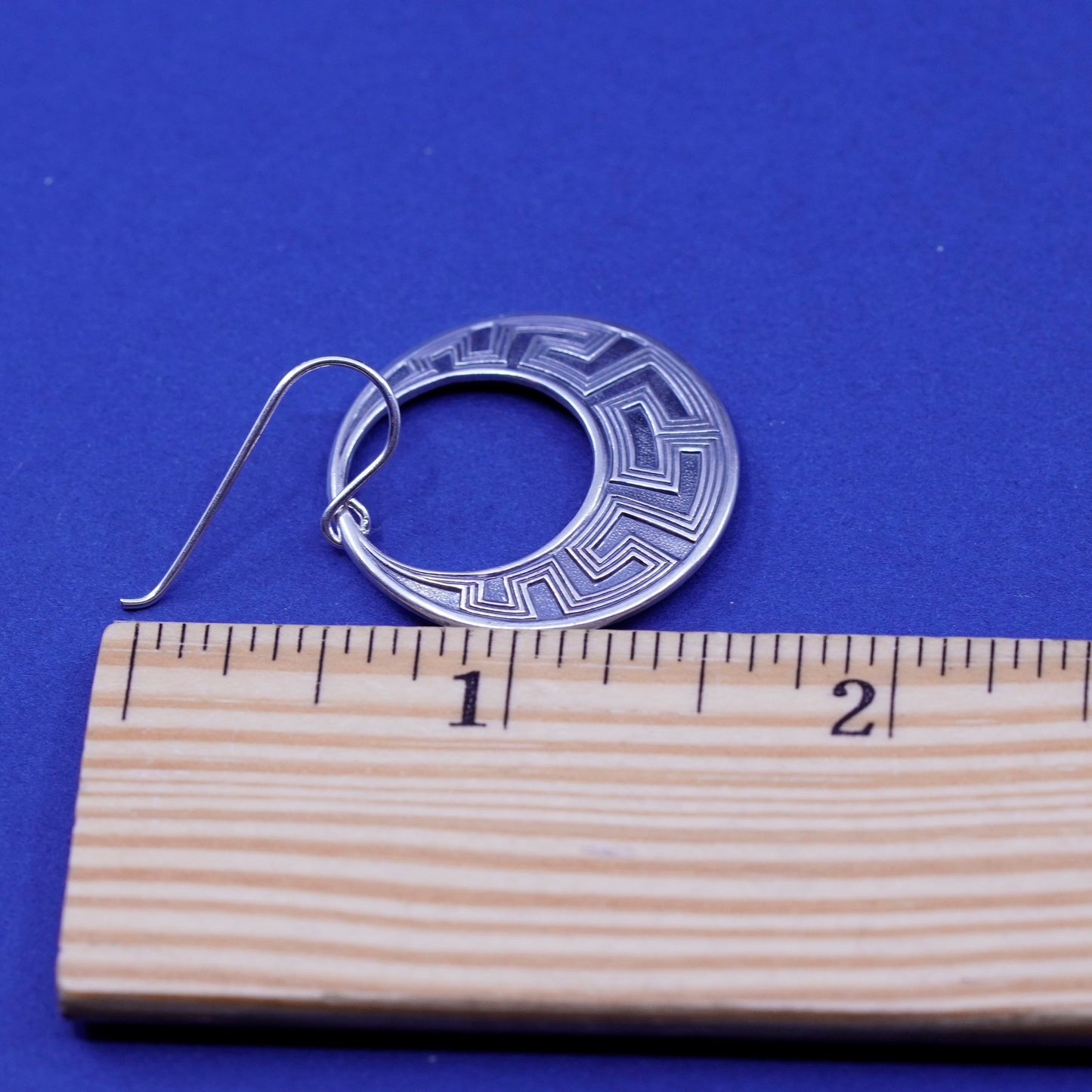 Sterling Silver handmade Earrings. 925 hammered circle dangles with Greek key