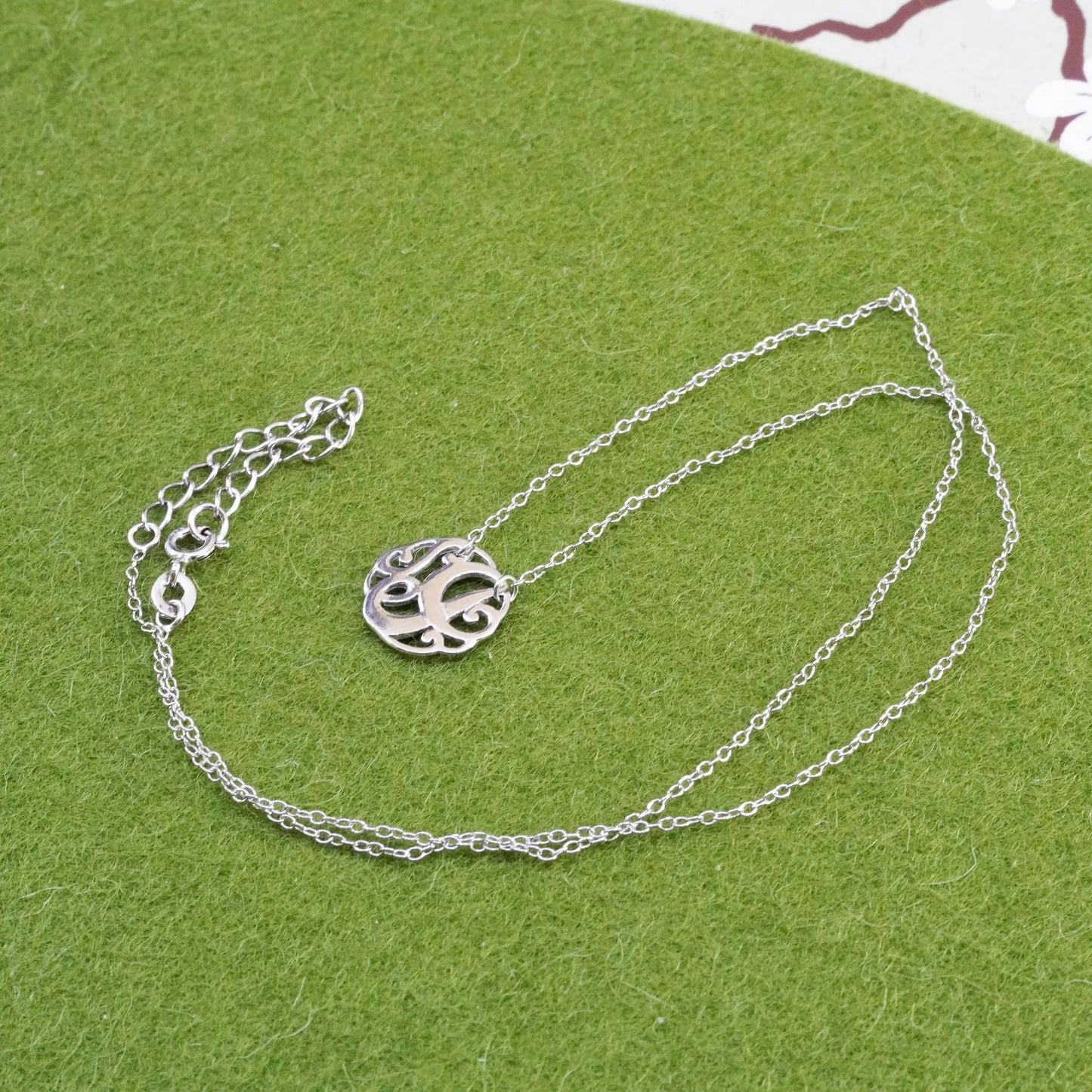 16+2” Sterling 925 silver handmade necklace, circle chain with swirly pendant
