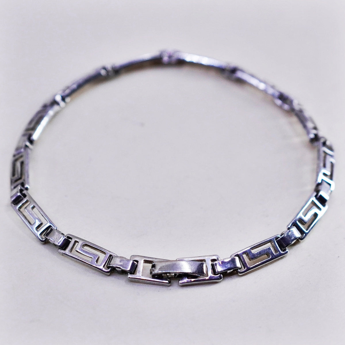 7.25”, Vintage Sterling silver handmade bracelet, 925 Greek key link chain