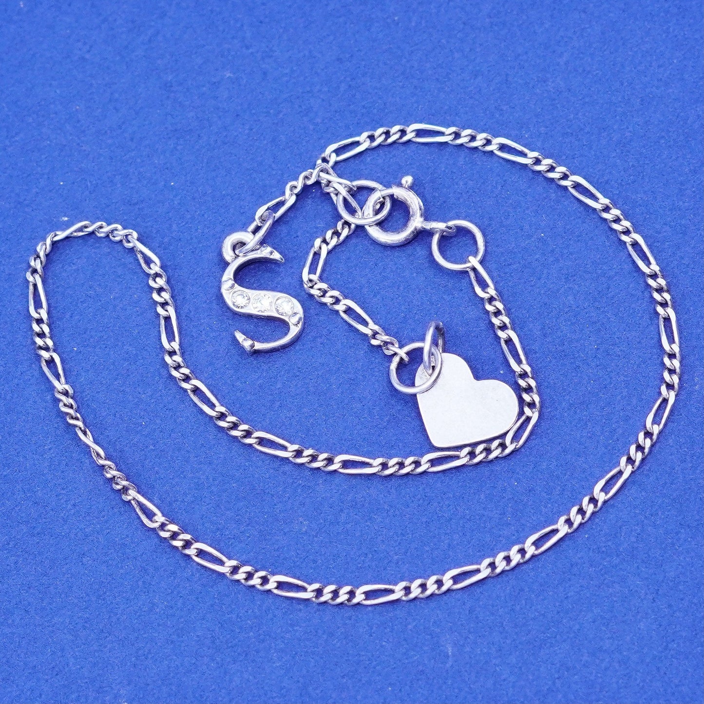 8.25”, vintage Sterling 925 silver figaro bracelet chain initial S heart charms