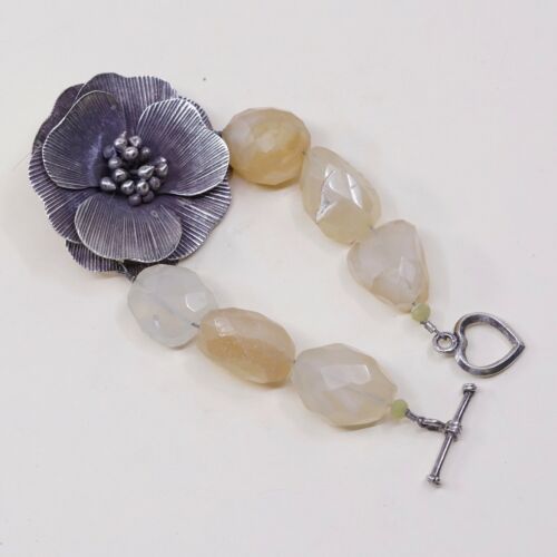 6”, Vtg Antique Sterling 925 Silver Handmade Flower W/ Citrine Nuggets Chain