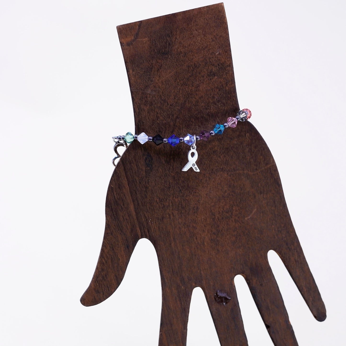 6.5”, Sterling 925 silver bracelet, colorful crystal breast cancer ribbon charm