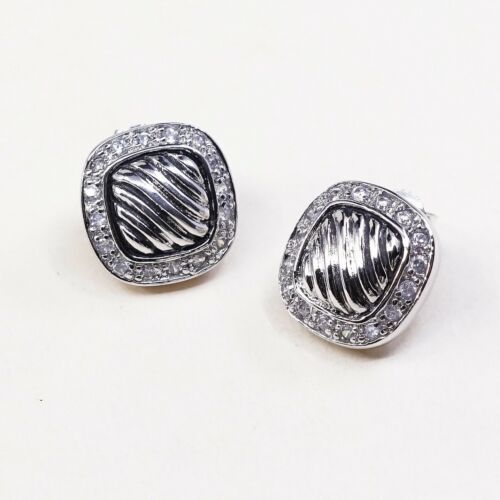 Vtg Fashionable Sterling Silver Handmade Earrings, 925 Studs W/ Cz Around