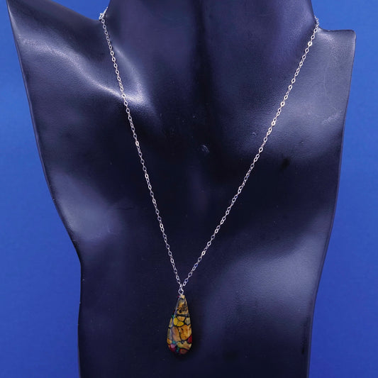 16”, Sterling silver necklace 925 flatten circle w/ teardrop wood resin pendant