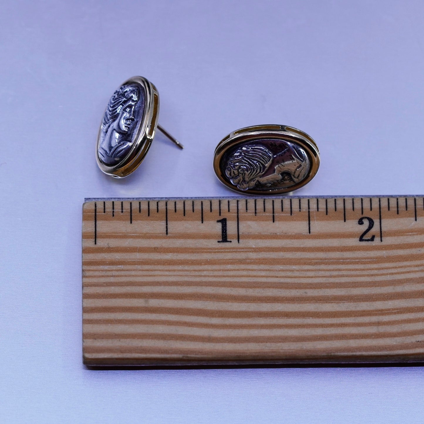 Vintage two tone Sterling 925 silver handmade earrings, lady Portrait studs