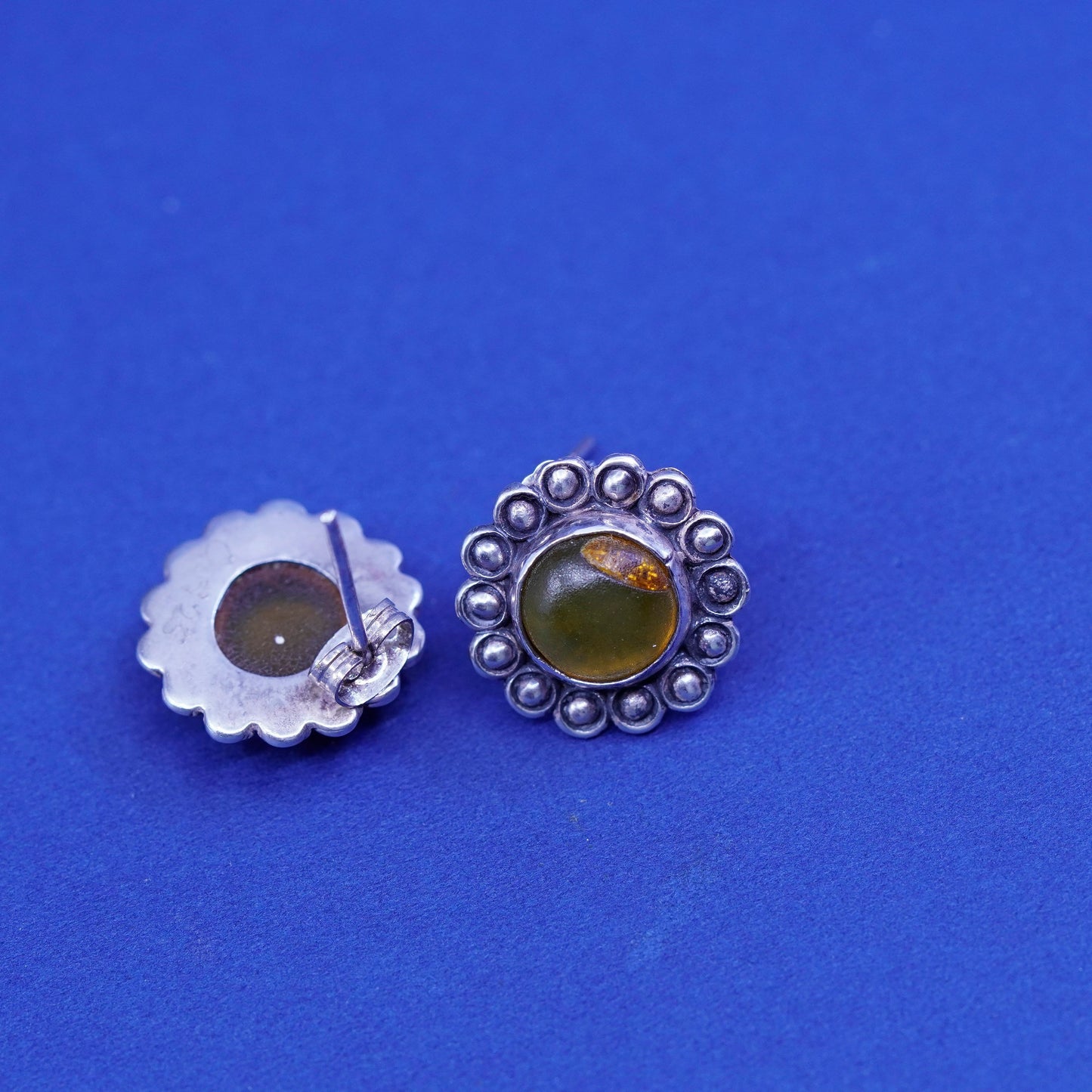 Vintage sterling silver handmade earrings, 925 flower studs with round amber