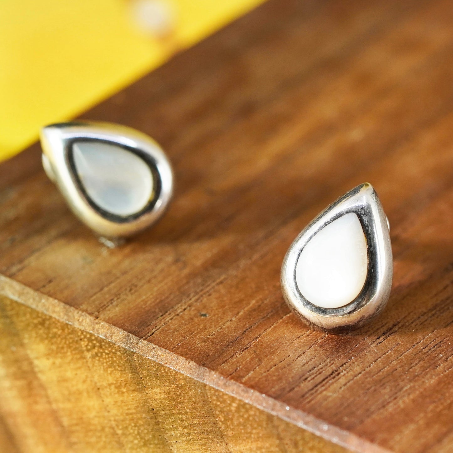 Vintage Sterling silver handmade earrings, 925 teardrop studs mother of pearl