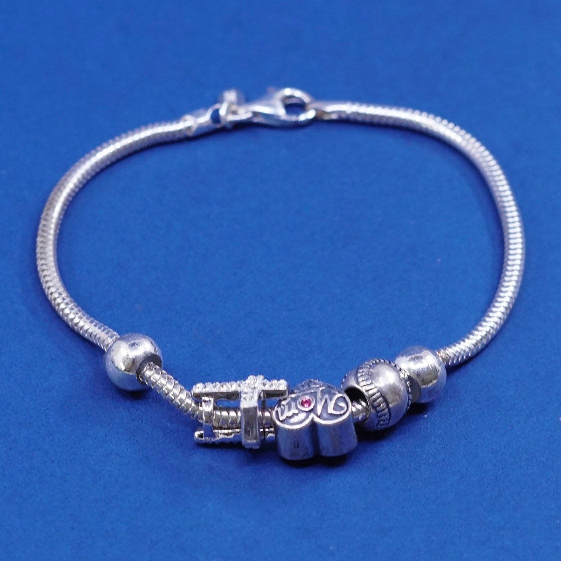 8.5", Sterling silver bracelet, italy 925 snake chain mom baseball cross charms
