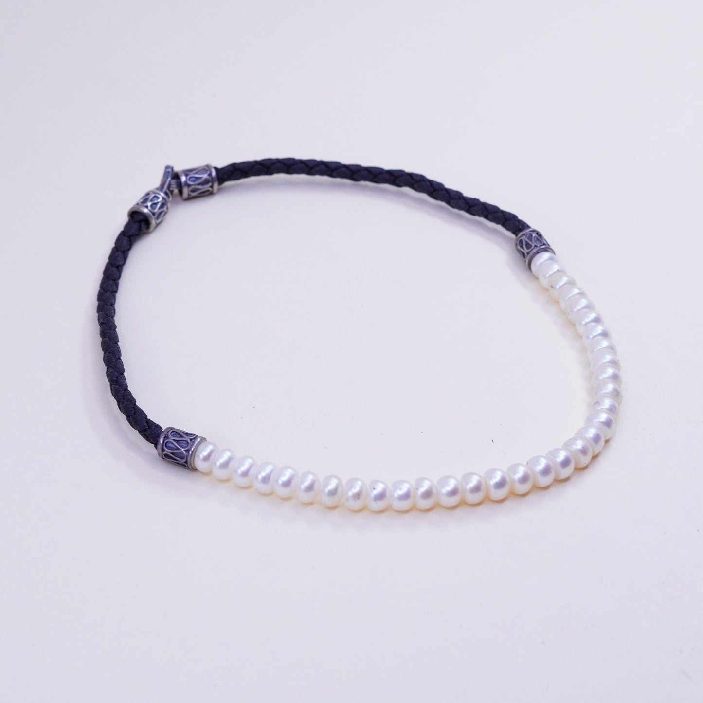 Vintage Braided Black Leather necklace with Pearl and Sterling 925 silver clasp