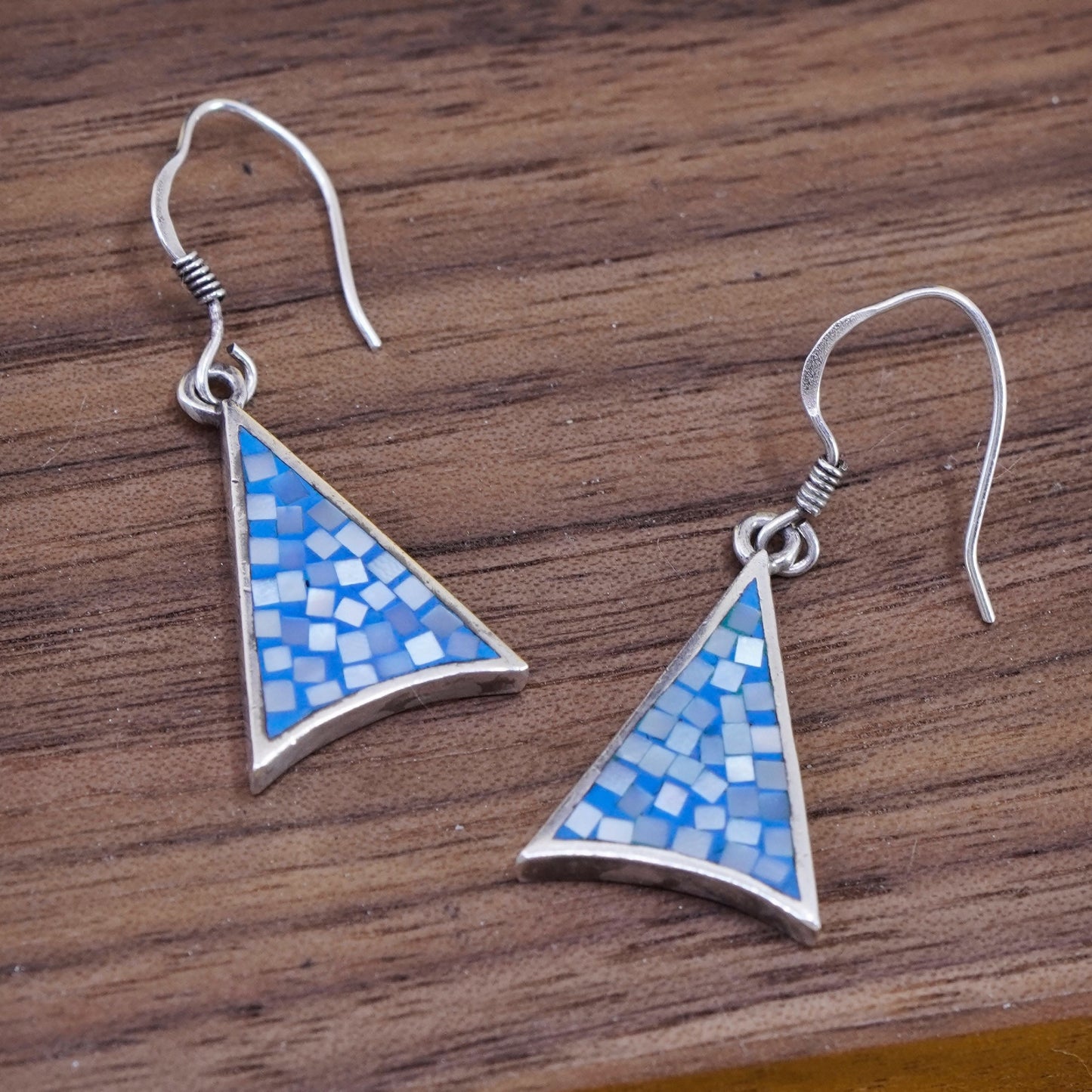 Vintage Sterling silver handmade earrings, 925 triangular mother of pearl