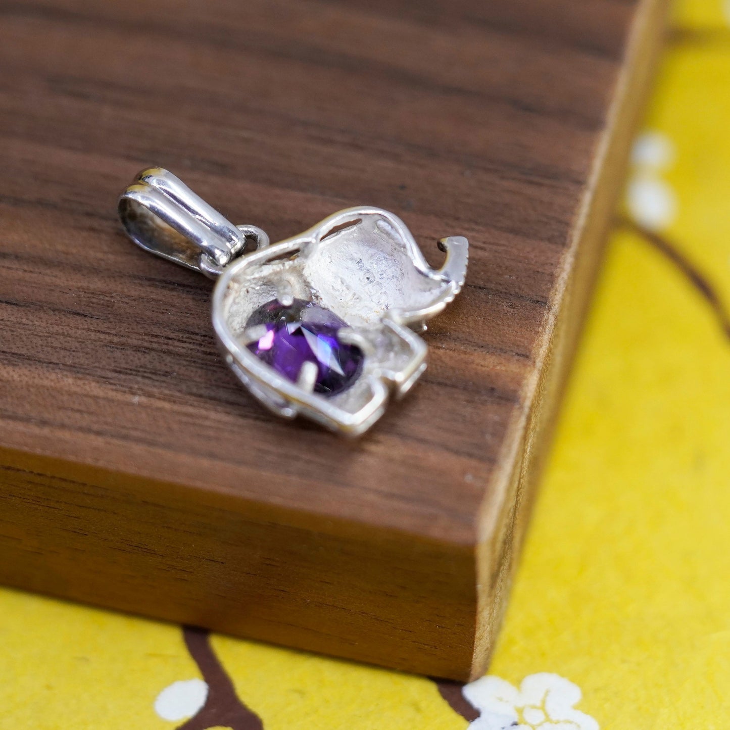 Vintage Sterling 925 silver elephant pendant with amethyst, 12K rose gold ear