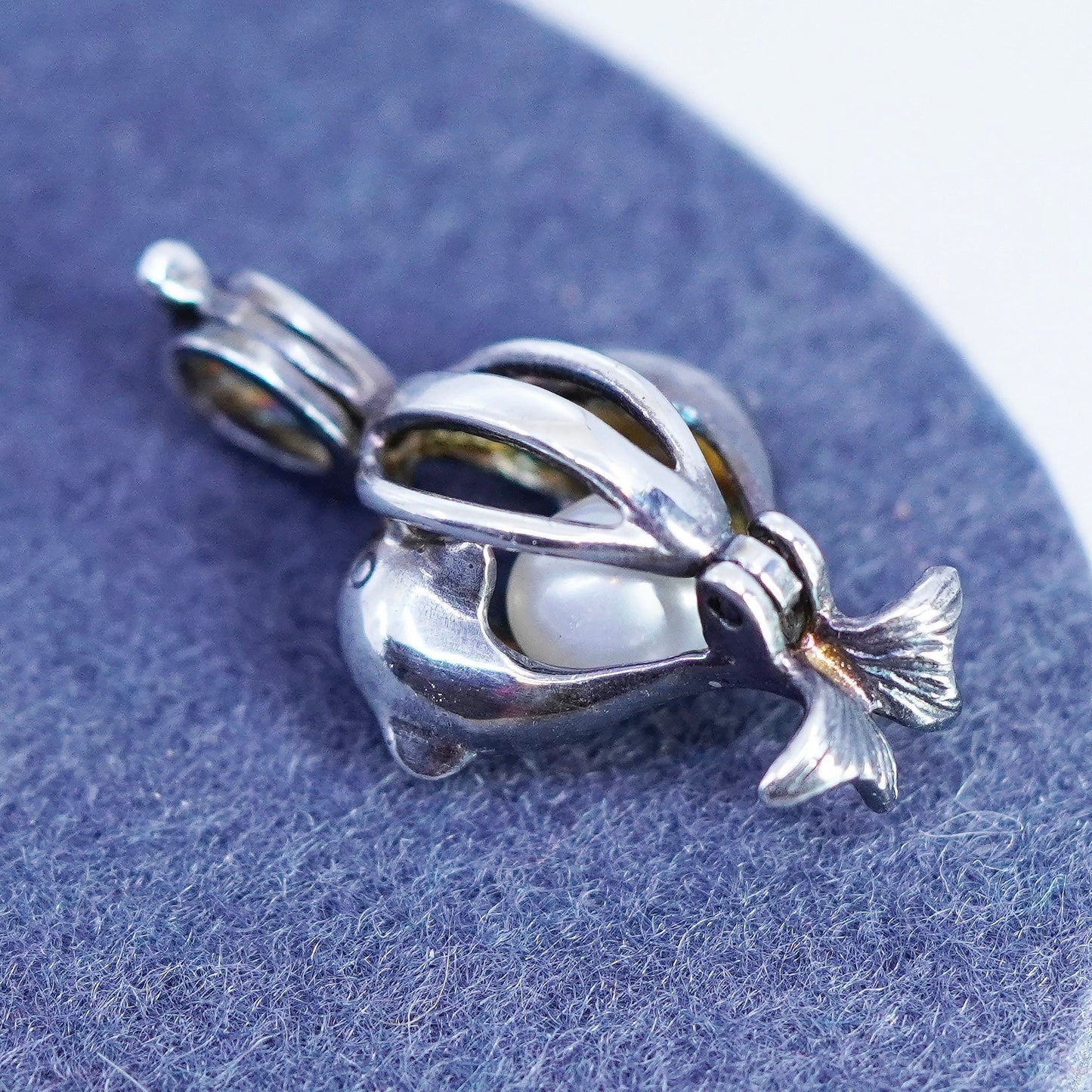 Vintage sterling 925 silver pearl heart dolphin cage pendant with pearl
