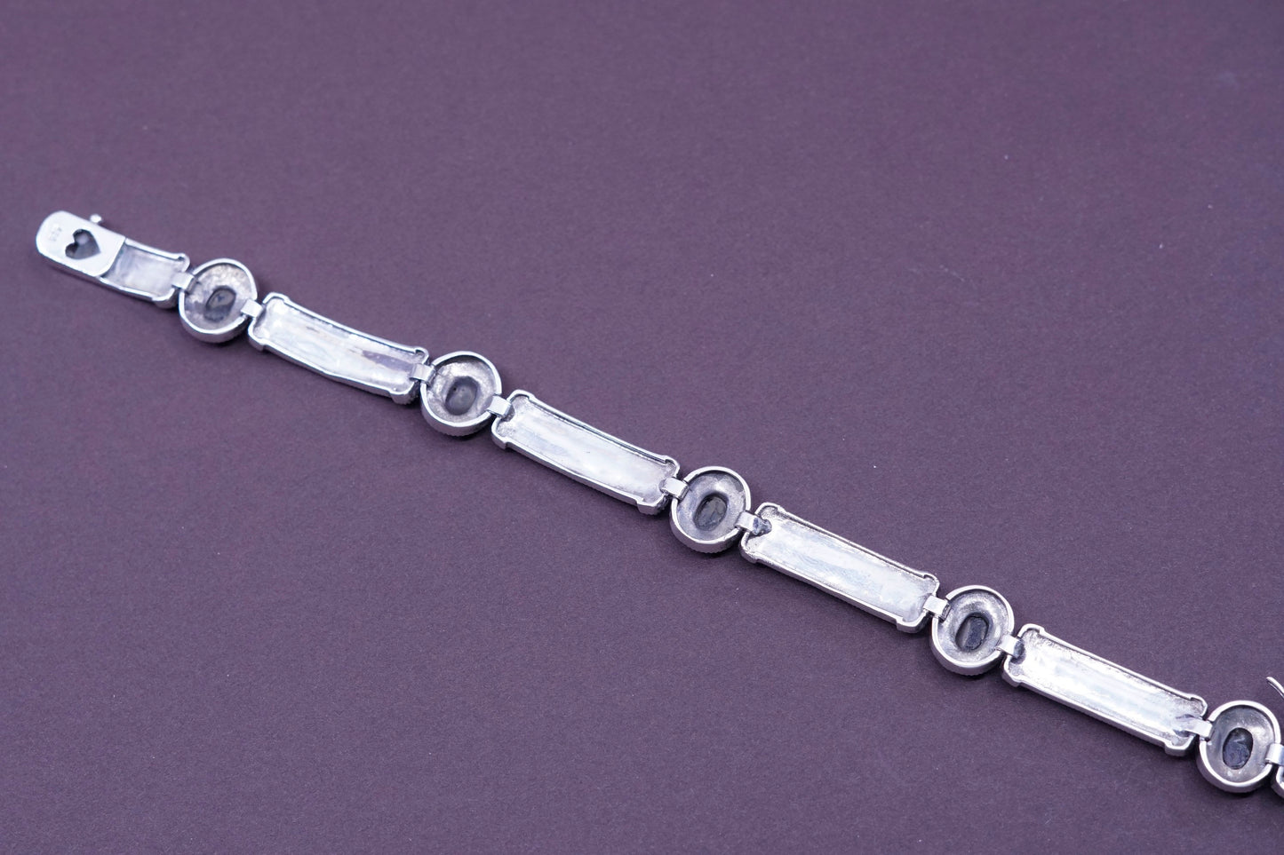 7.25”, Sterling silver bracelet, 925 tennis bracelet w/ marcasite obsidian