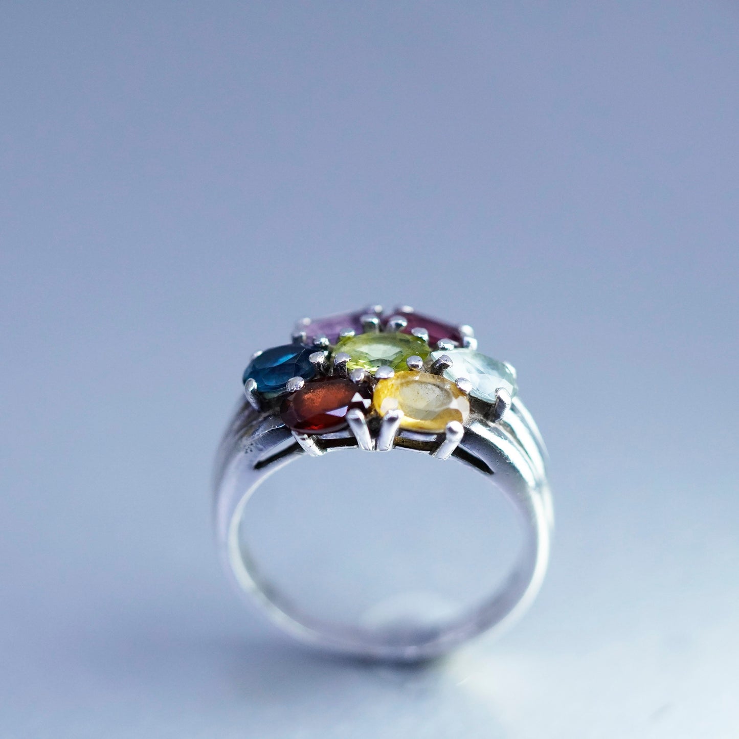 Size 9, Sterling 925 silver handmade ring w/ amethyst peridot citrine ruby topaz