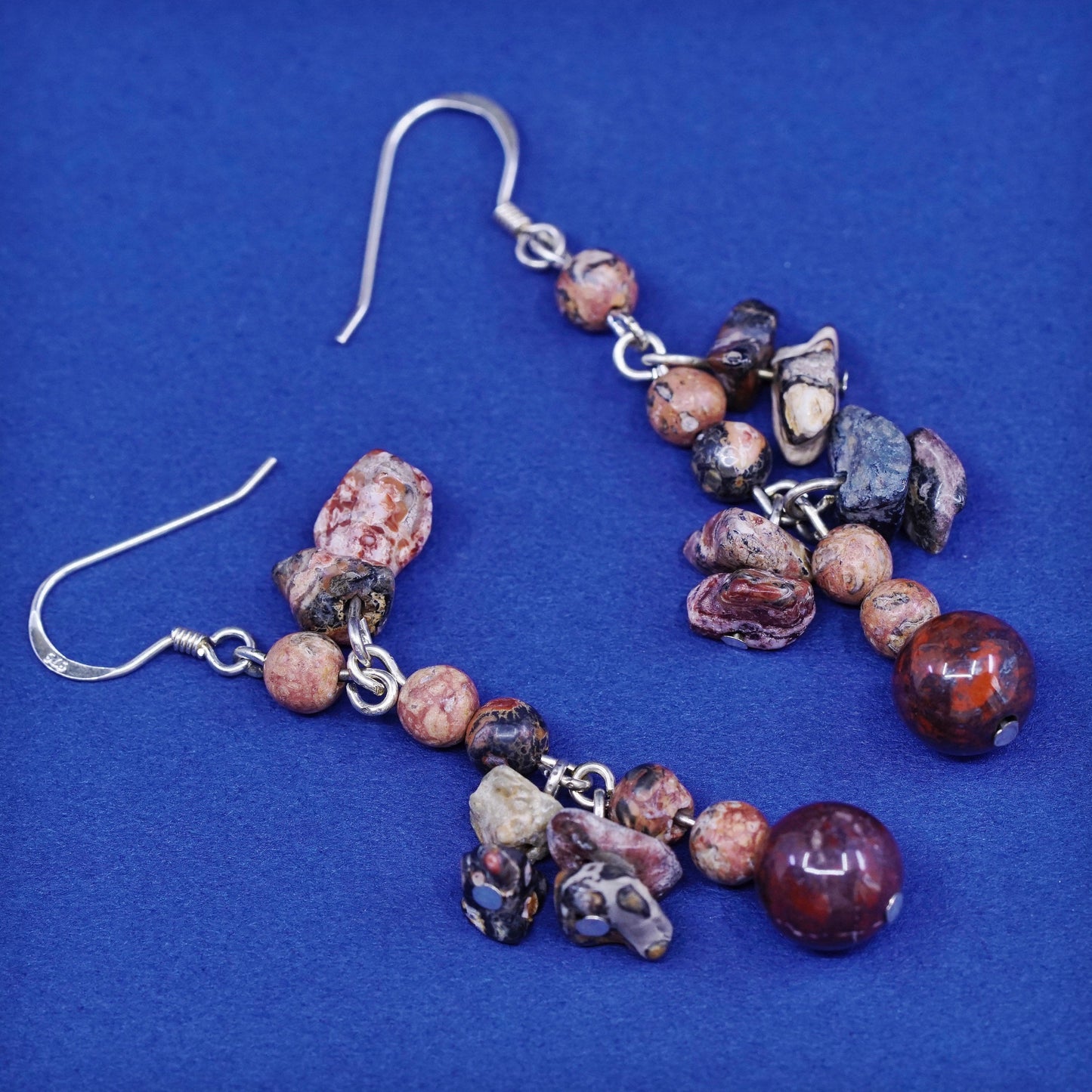 Vintage sterling silver handmade earrings, 925 hooks with jasper