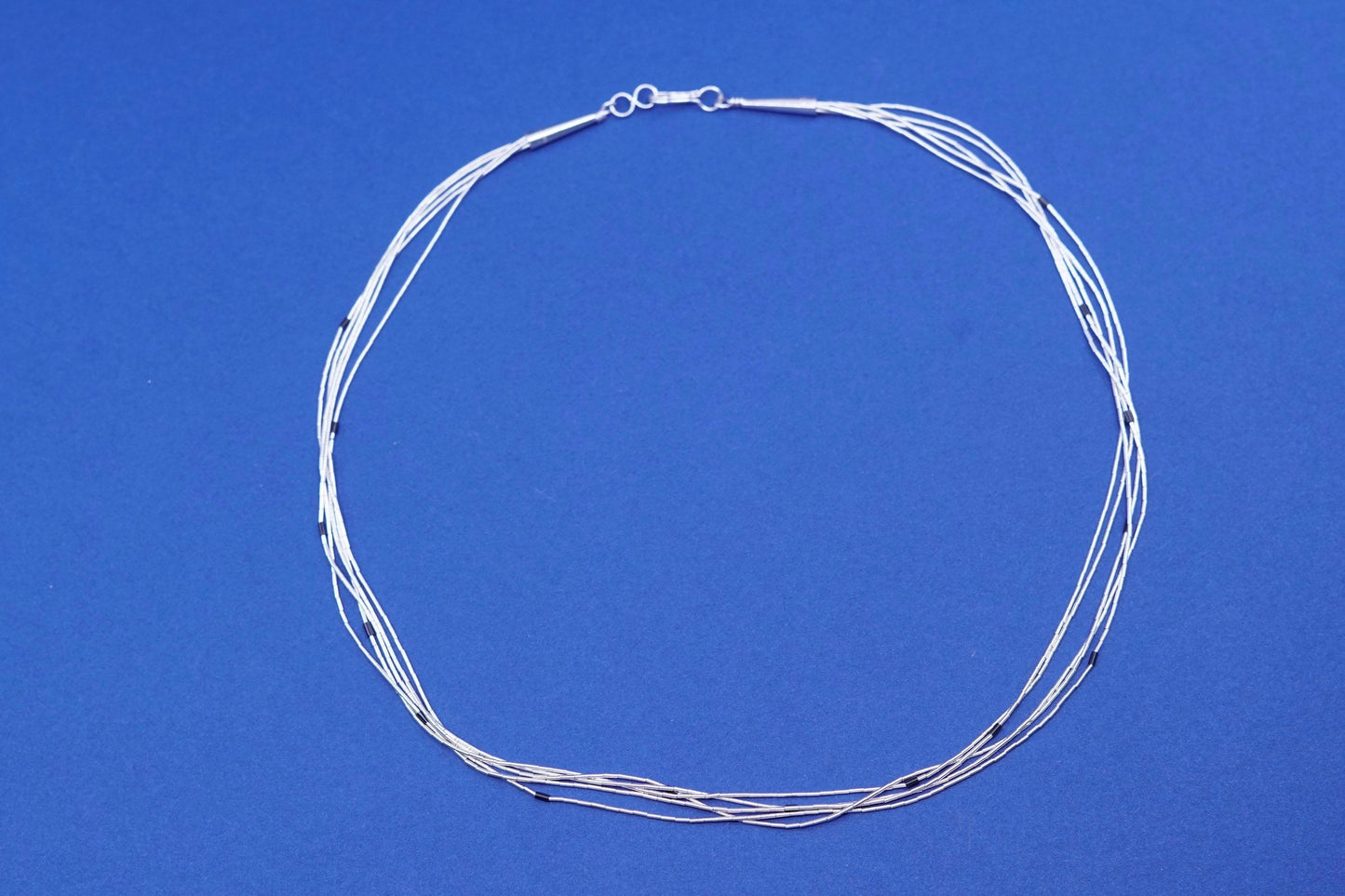 16”, liquid Sterling 925 silver 5 strands necklace, Native American w/ obsidian