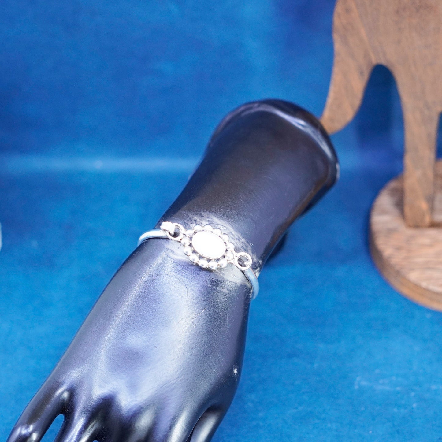6.5”, sterling silver handmade bracelet, 925 hinged bangle with white cat eye
