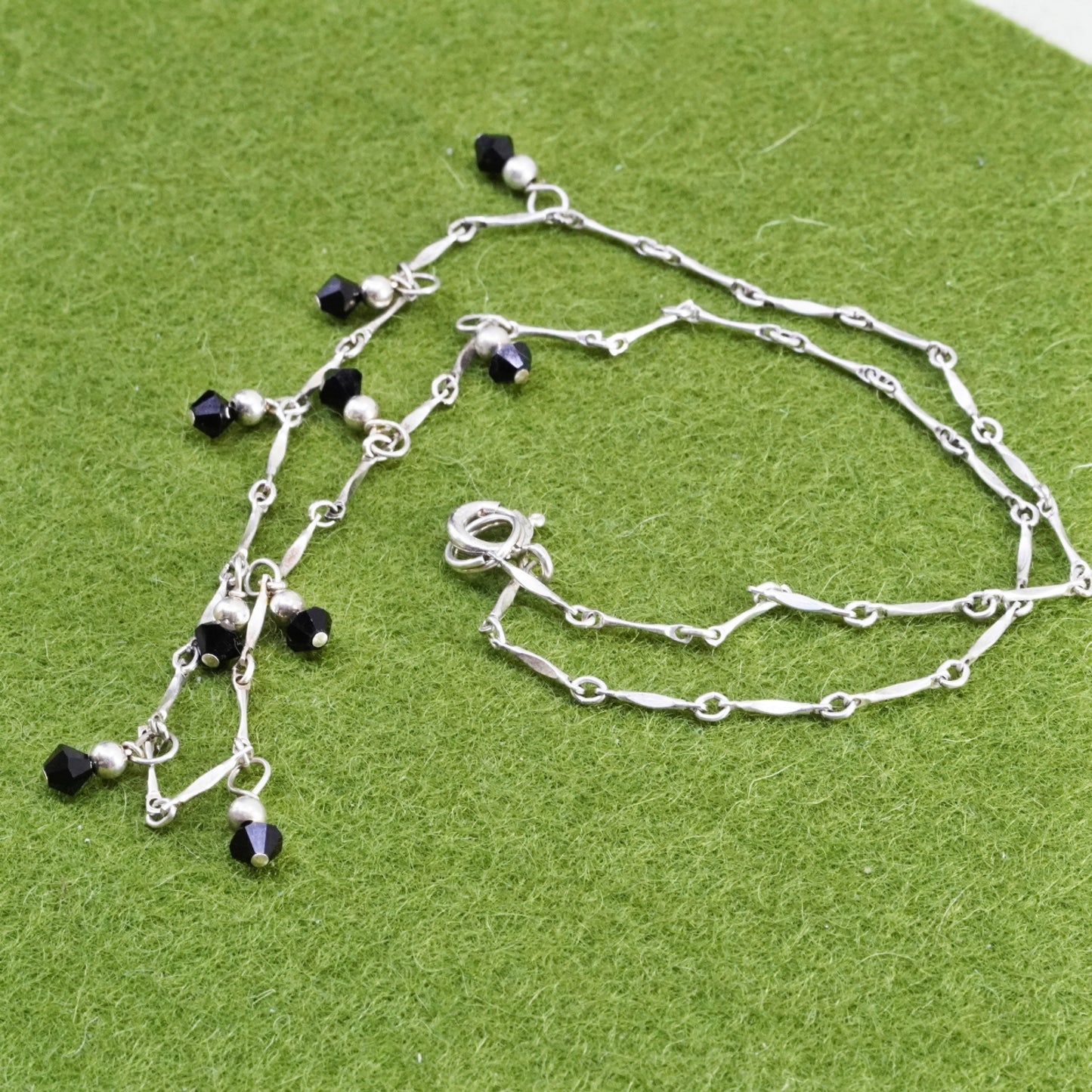 16”, Sterling silver handmade necklace, 925 bone link chain with obsidian beads