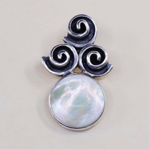 Vtg Lori Bonn Sterling 925 Silver Handmade Pendant W/ Round Mop