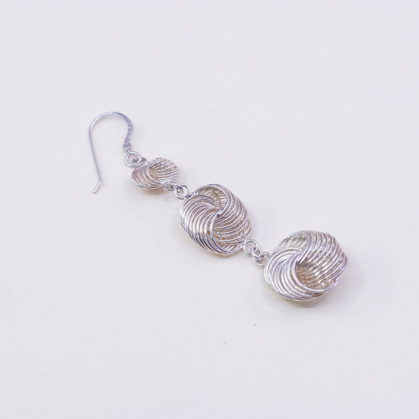 Vintage sterling silver handmade earrings, 925 twisted entwined circle dangles