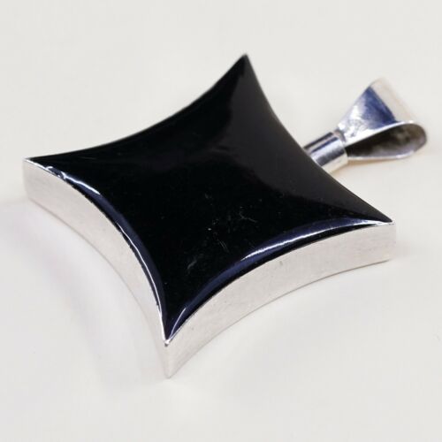 Vtg Mexico Modern Sterling Silver Handmade Pendant 925 W/ Obsidian, stamped 925