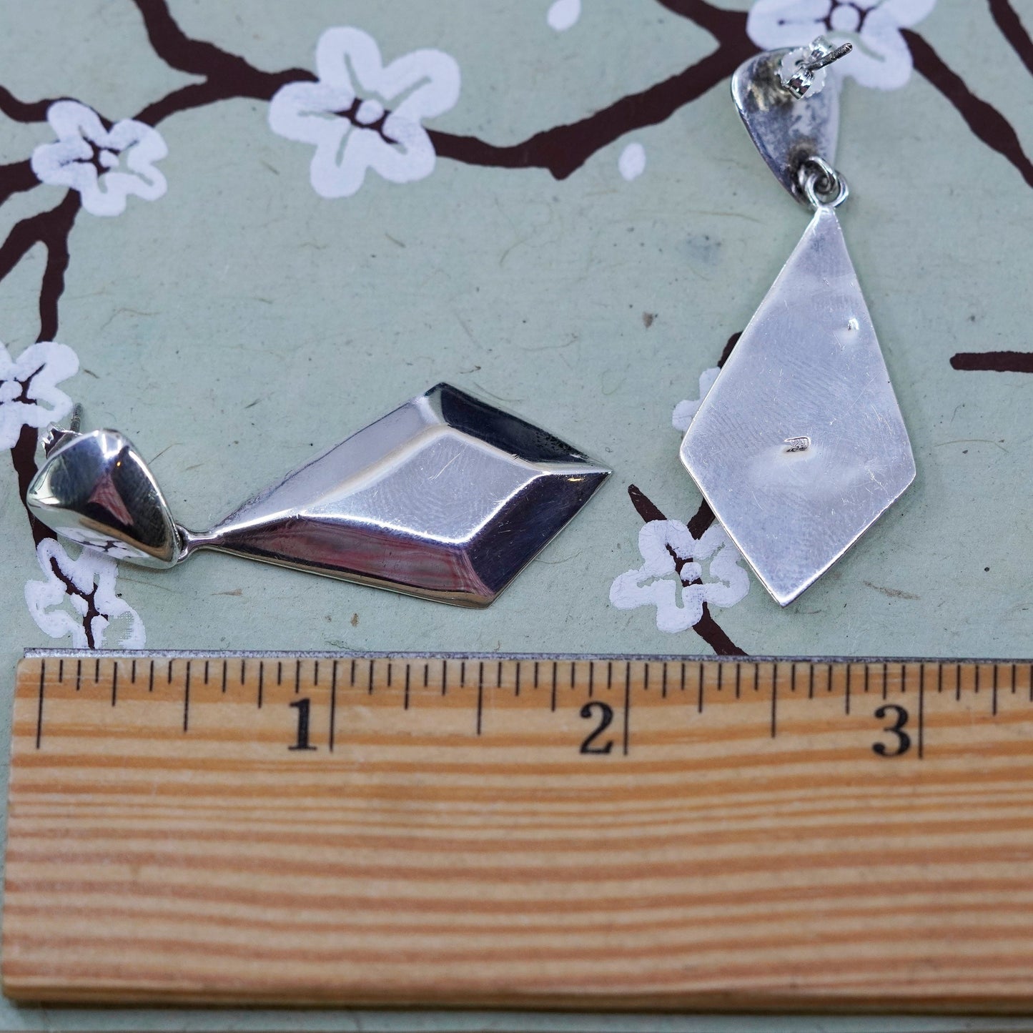 Vintage Sterling 925 silver handmade earrings with diamond shaped drops