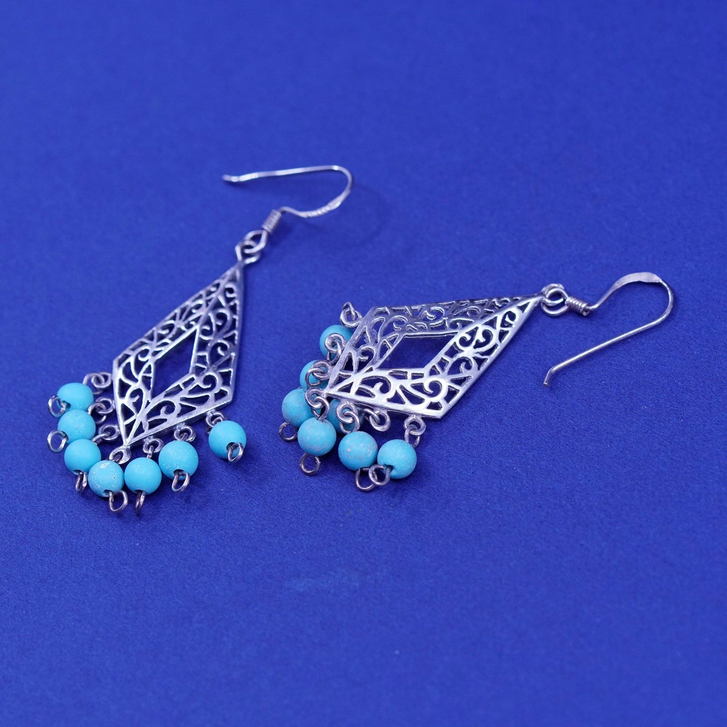 Native American Sterling silver earrings 925 filigree diamond turquoise cluster