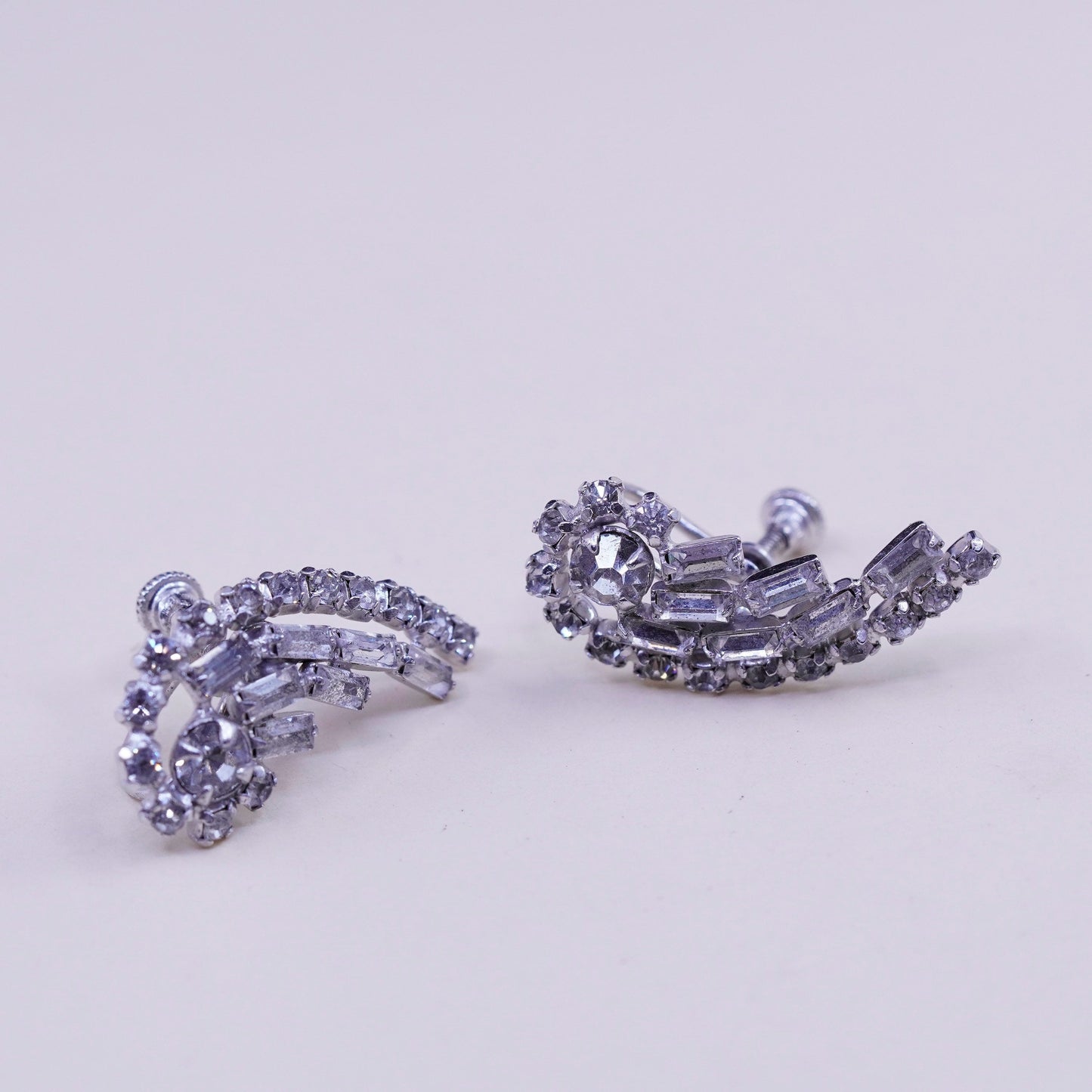 1950s sterling 925 silver earrings swirly screw back earrings with rhinestone