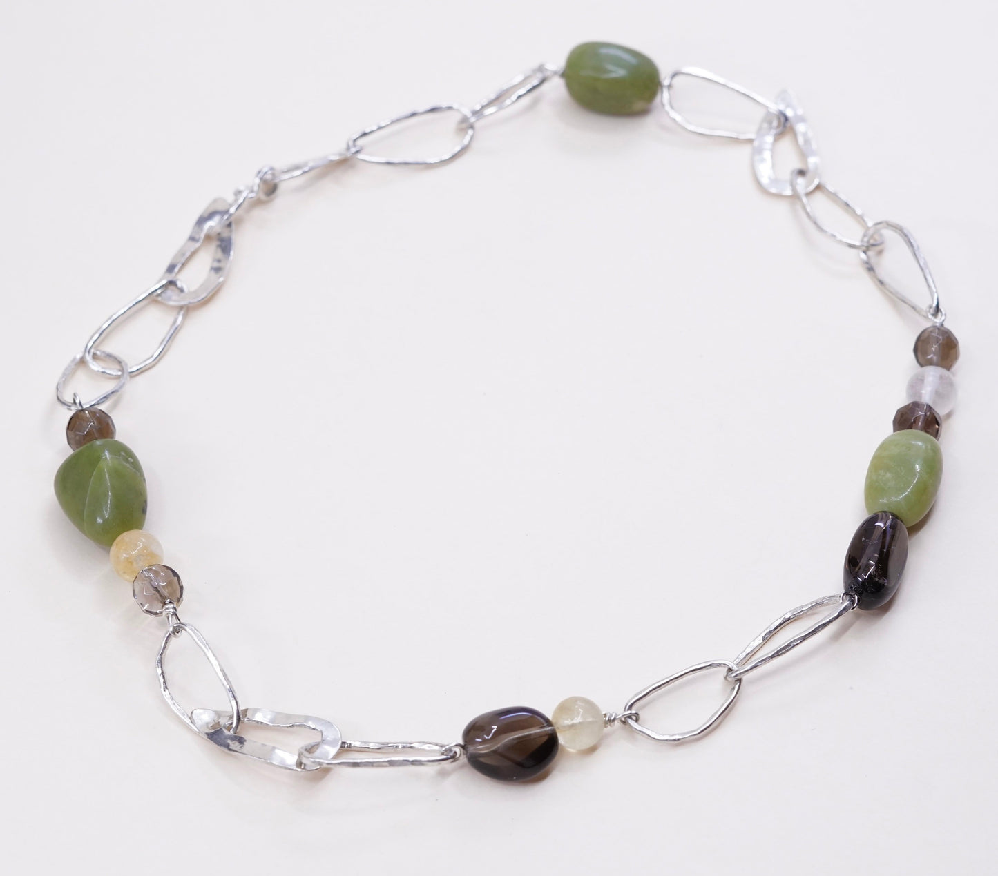 17”, vtg Sterling silver handmade necklace, 925 link chain w/ jade N topaz