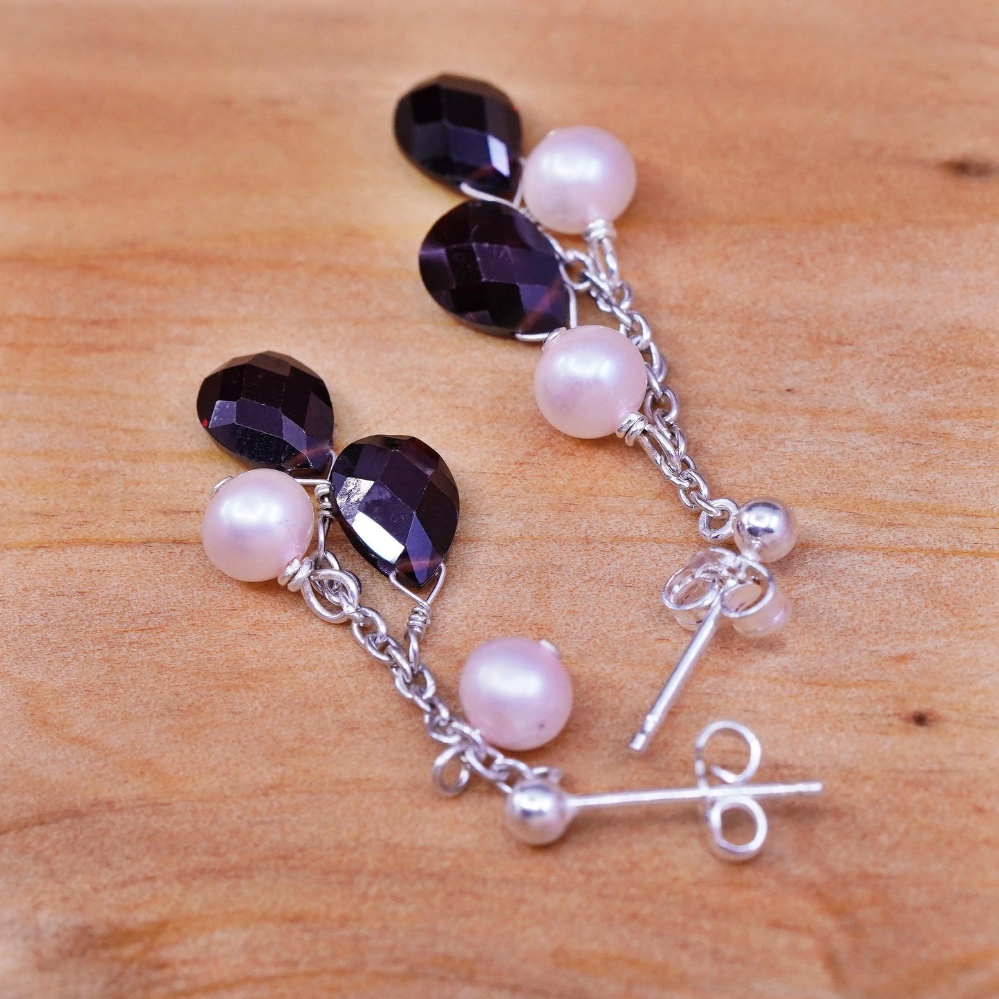 Vintage Sterling 925 silver handmade earrings w/ pearl N teardrop ruby dangles