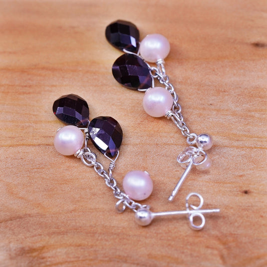 Vintage Sterling 925 silver handmade earrings w/ pearl N teardrop ruby dangles