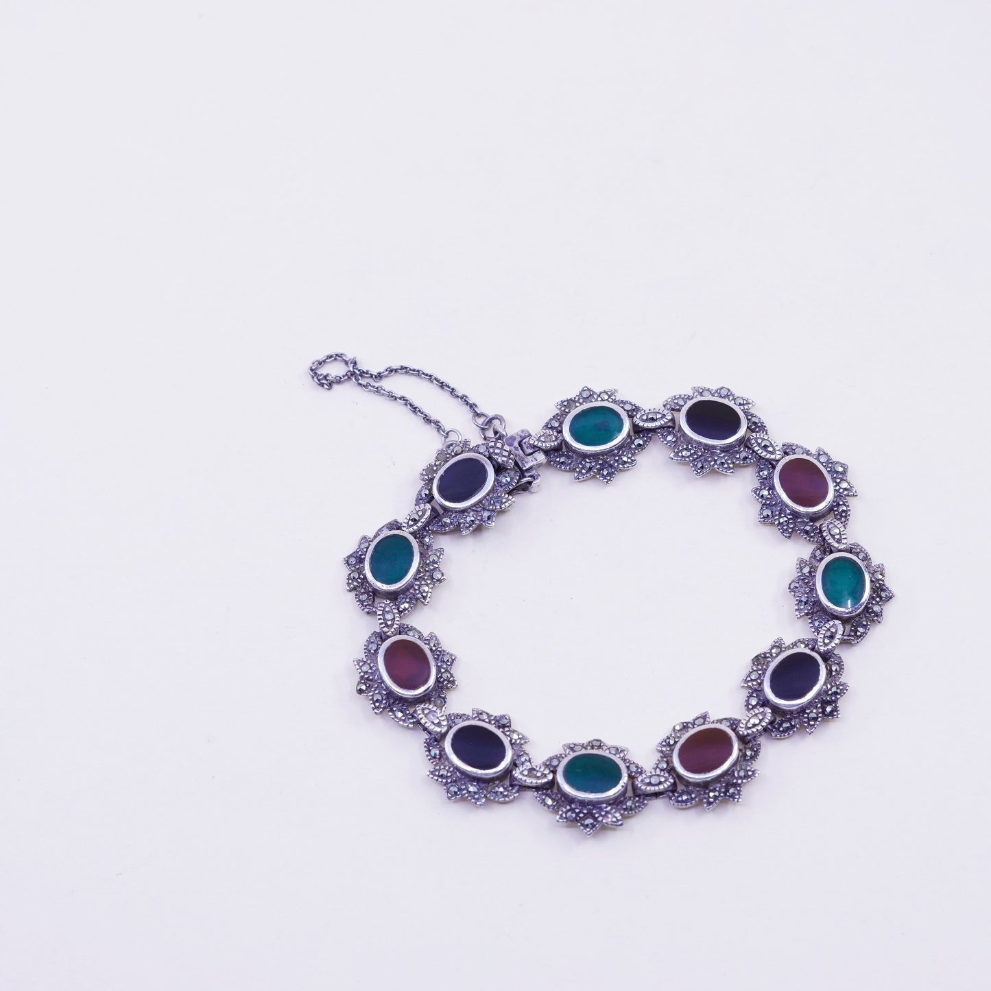 7.5”, Sterling 925 Silver Handmade Bracelet Marcasite carnelian emerald onyx