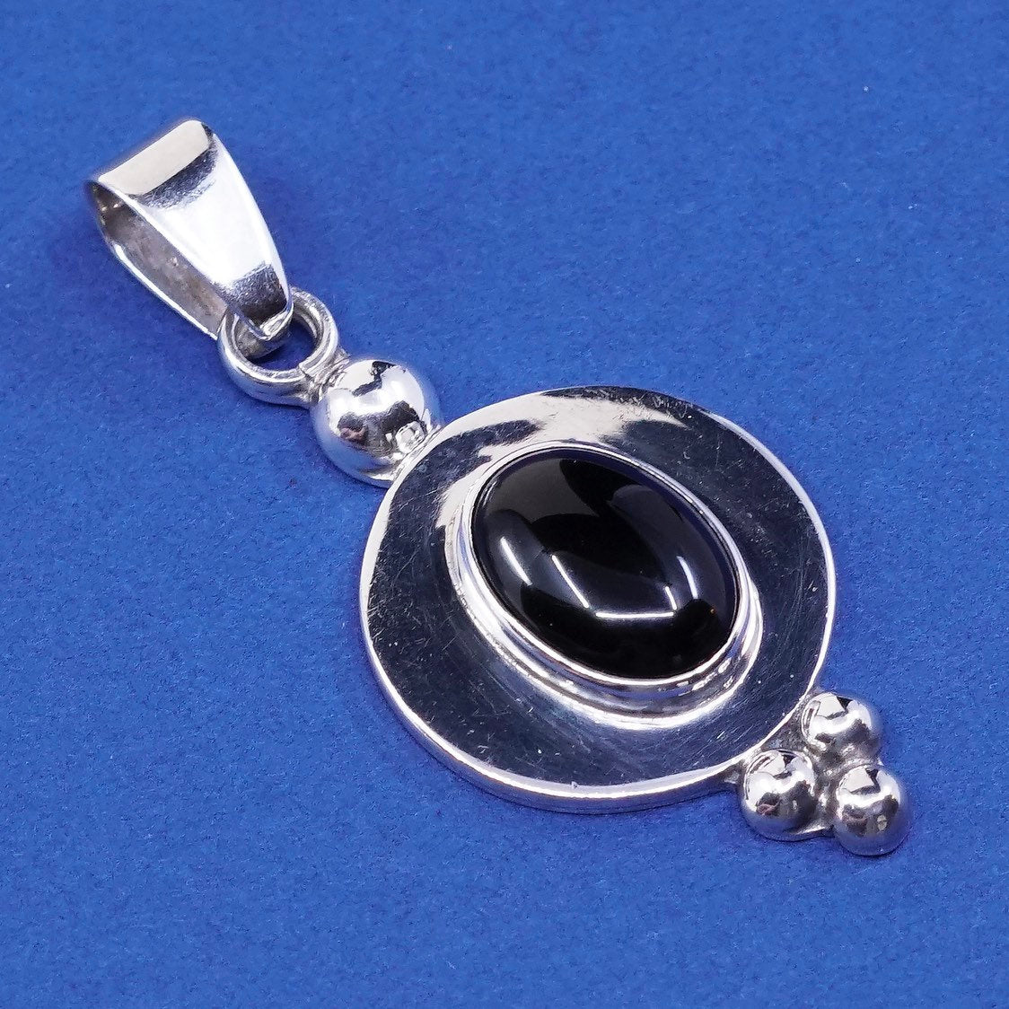 vtg Mexico CII Sterling silver handmade pendant, 925 w/ oval obsidian