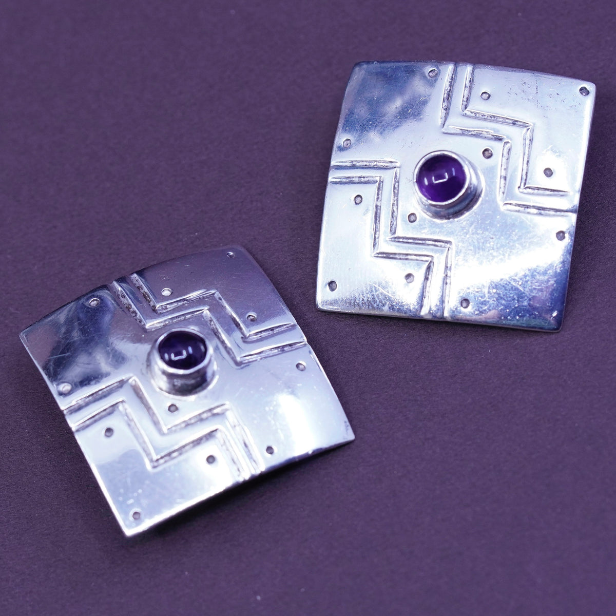 mexico Sterling silver handmade earrings, modern 925 square clip on w/ amethyst