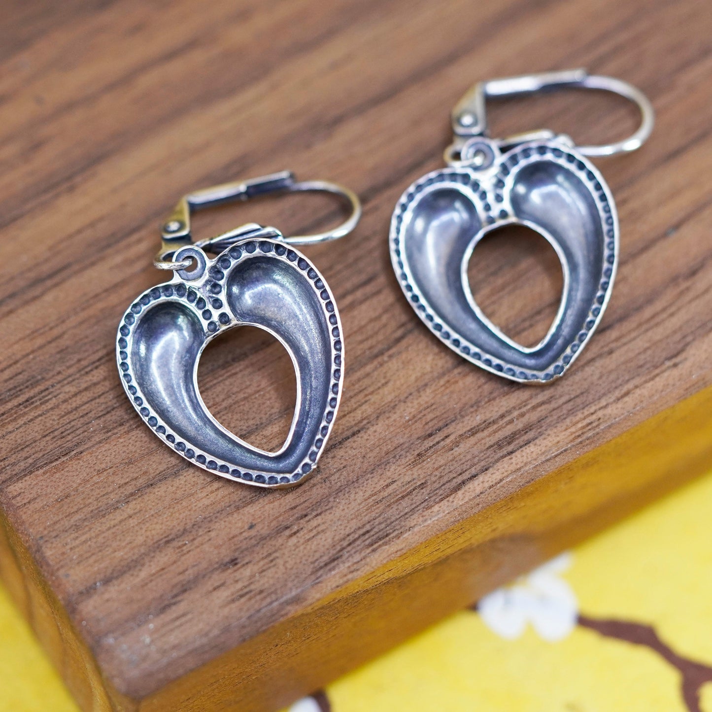 Vintage Sterling silver handmade earrings, 925 heart dangles with beads