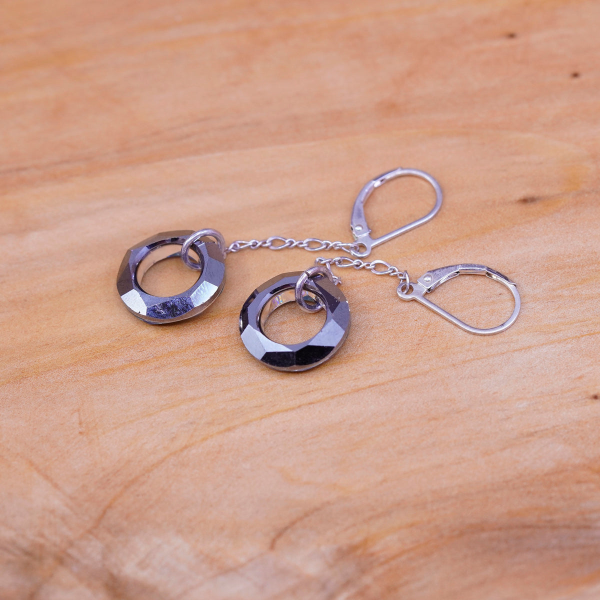 Vintage Sterling silver handmade earrings, 925 hooks with circle blue crystal
