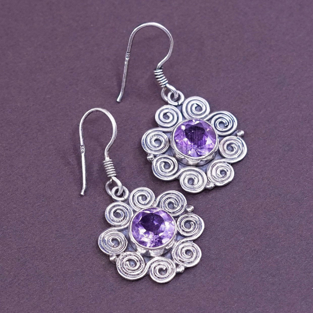 vtg Sterling silver handmade earrings, 925 swirl flower dangles w/ amethyst