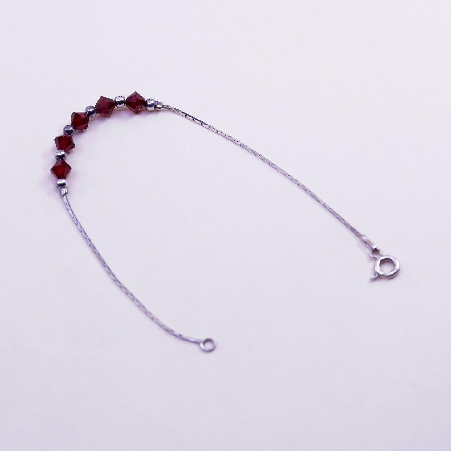 6.75”, Vintage sterling silver snake bracelet, 925 chain with ruby beads
