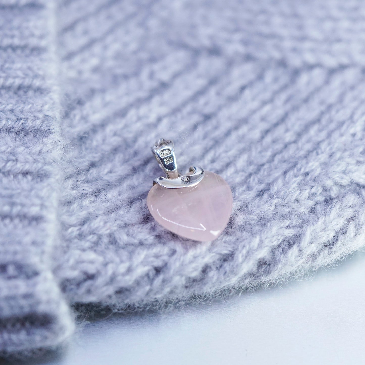 Vintage sterling 925 silver pendant with heart rose quartz