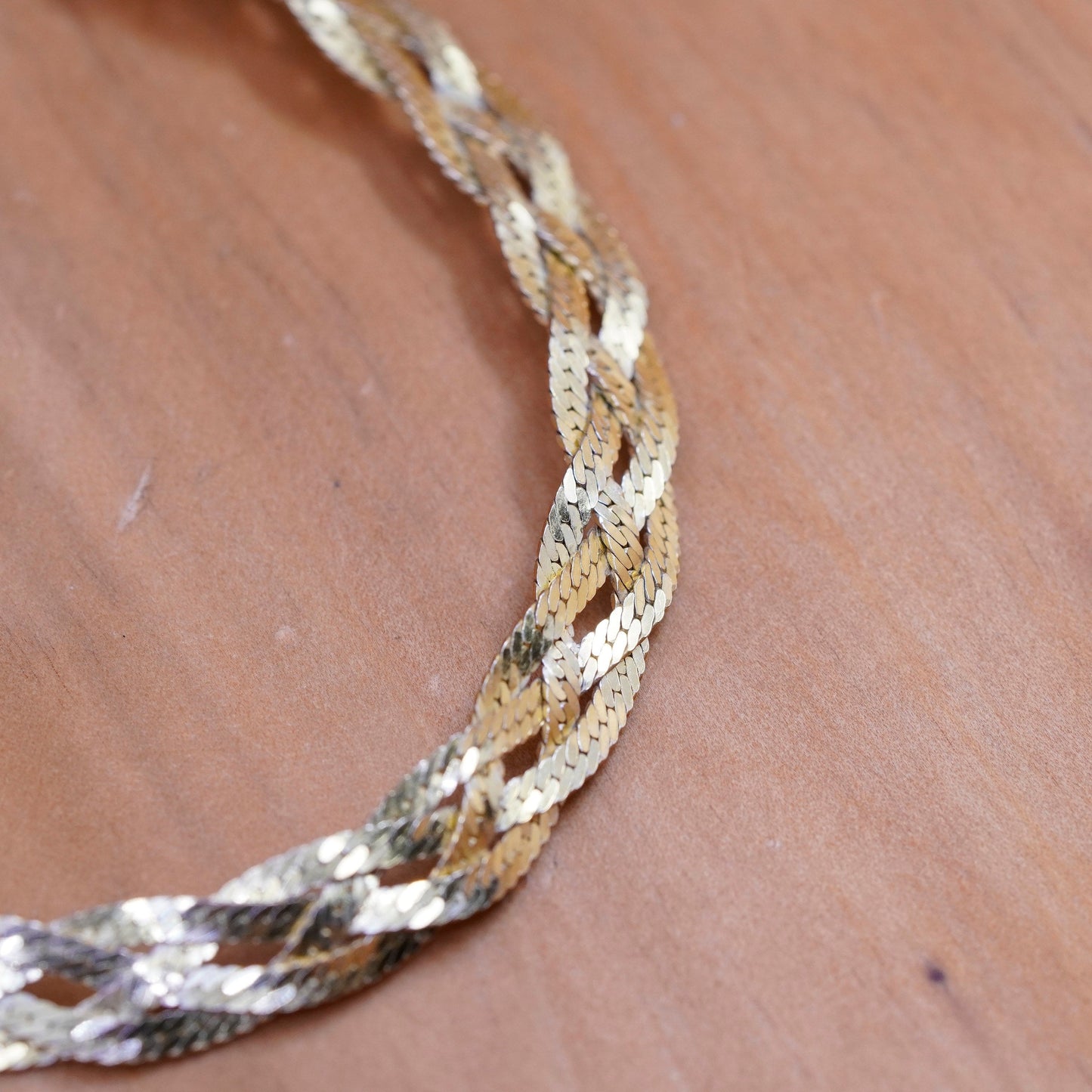 7.25”, vermeil gold over Sterling silver braided woven herringbone bracelet
