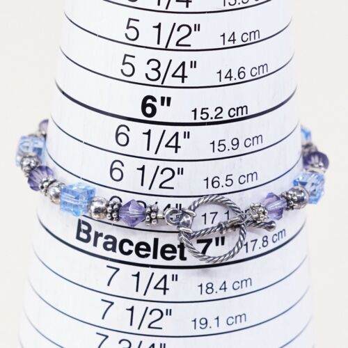 6.75”, Vtg Sterling Silver Handmade Bracelet, 925 Beads W/ Blue Glass Beads
