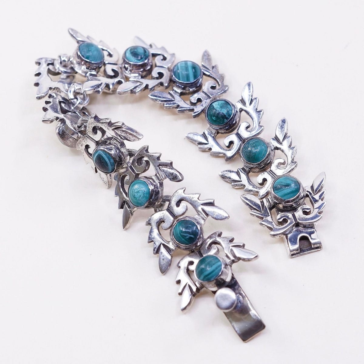 7”, VTG Sterling silver handmade bracelet, Mexico 950 w/ green malachite