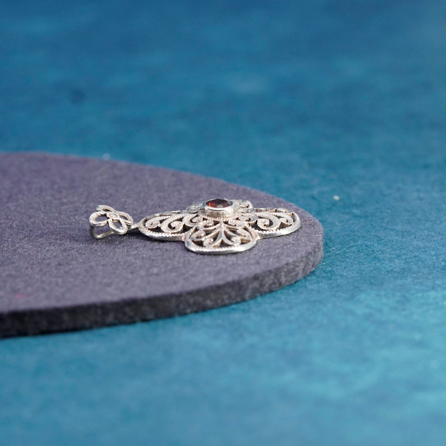 Vintage Sterling silver handmade pendant, 925 filigree lucky clover with ruby