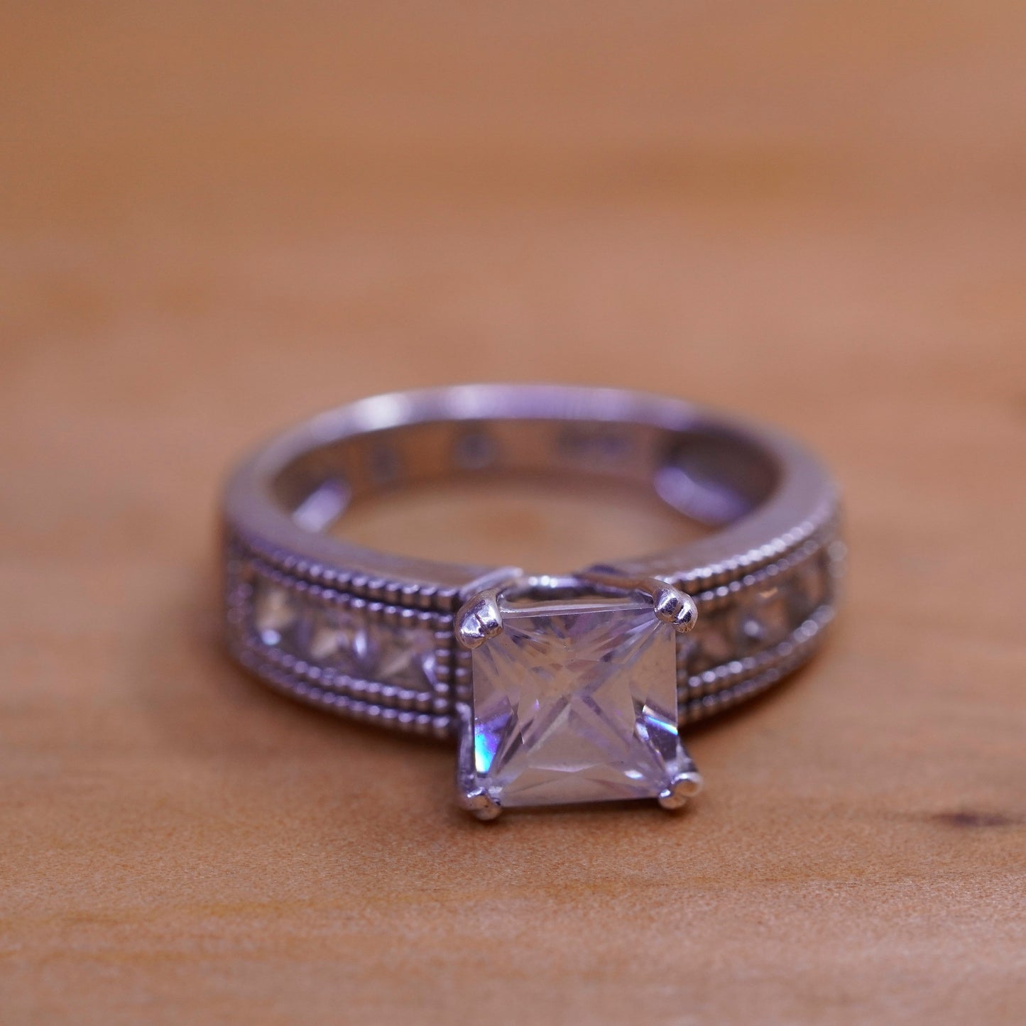 Size 6.75, vintage Sterling 925 silver engagement ring with cluster cz